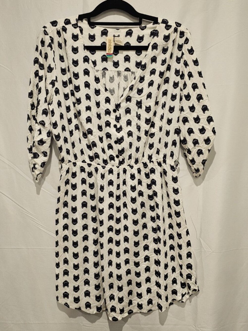 Mimi Chica Shirt Dress XL Cat Print Black White V Neck 3/4 Sleeve Cute